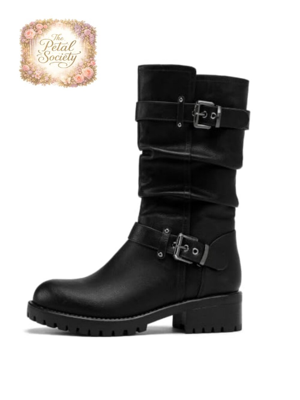 DOBOLIN Women's Wide Toe Box Mid Calf Motorcycle Biker Boots Faux Leather